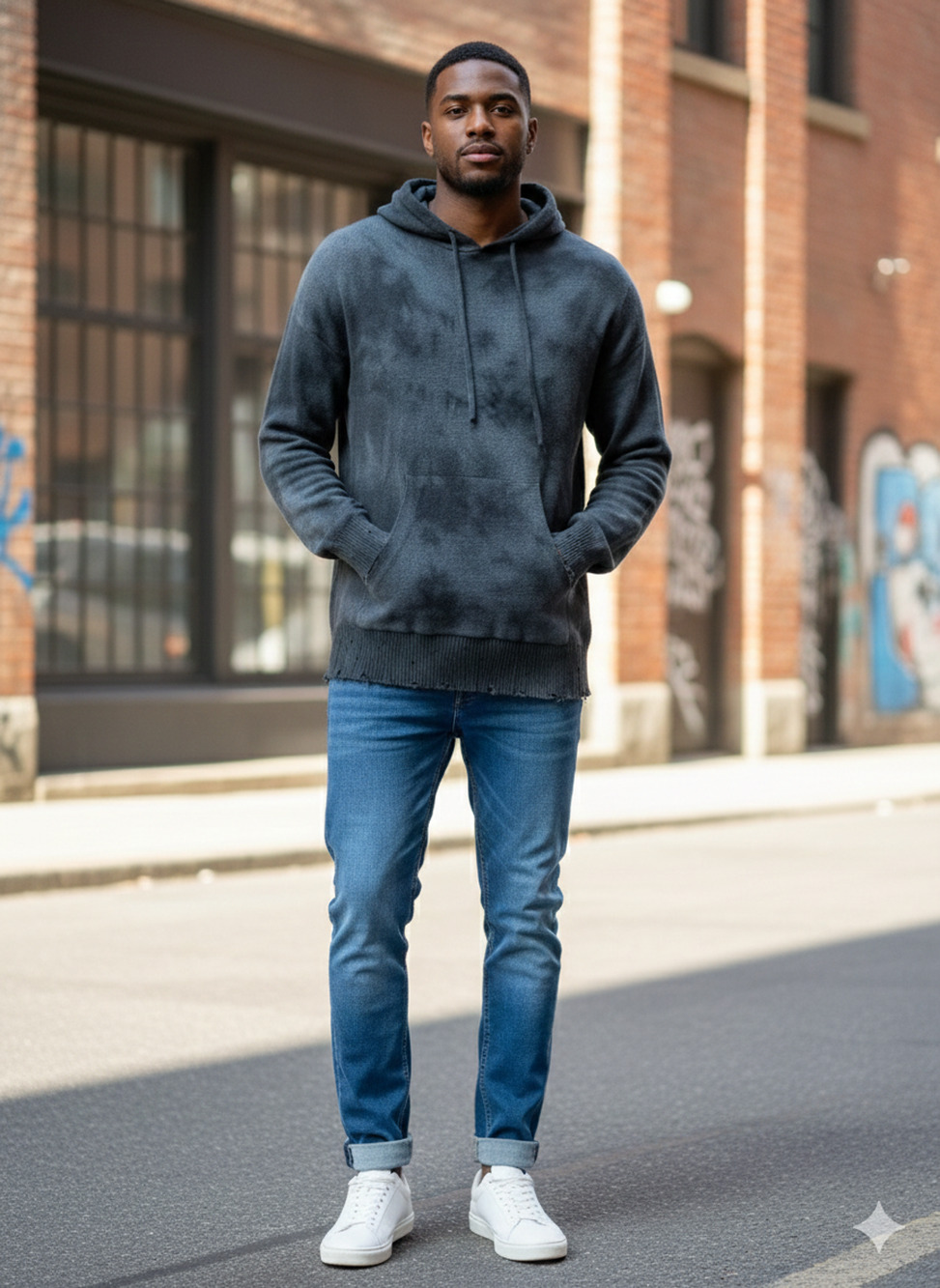 FATE black gray tie dye Distressed hem Cotton hoodie kangaroo pocket Goth Sz M